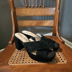 Sam Edelman Black Suede Block Heels Sz 7.5 Chic Elegant Casual Trendy